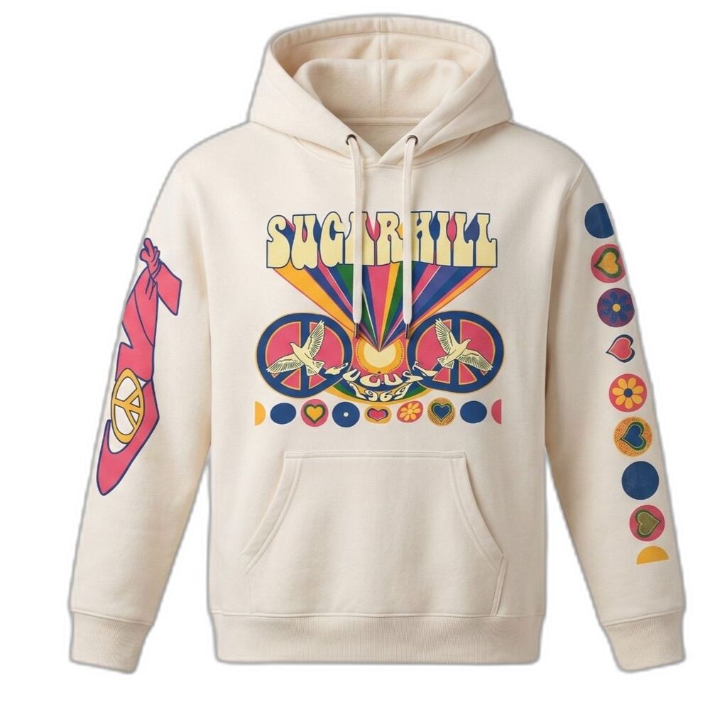 SUGARHILL Woodstock 1969 Hoodie Cream Men's 2XL NWT Hippie Peace Dove Streetwear